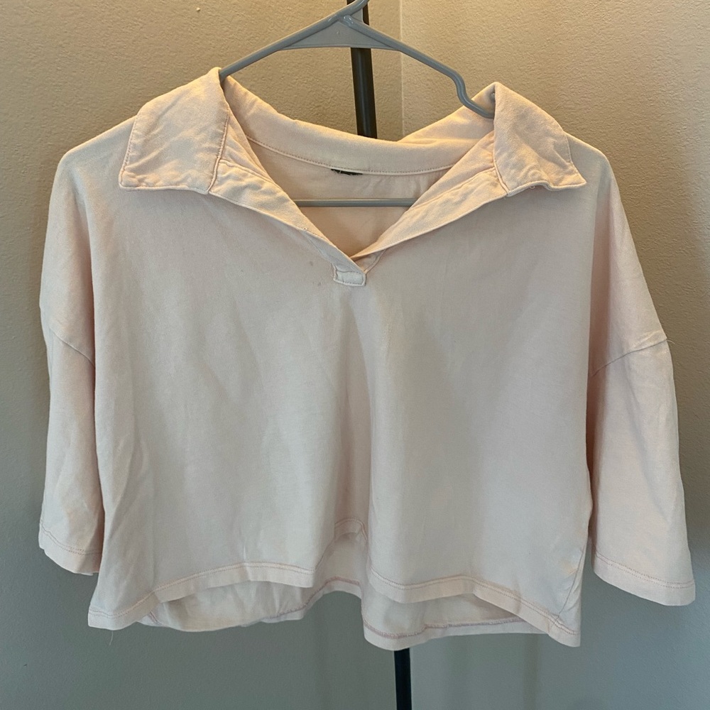 Pale Pink Dad Style Cropped Quarter Button Up Shirt